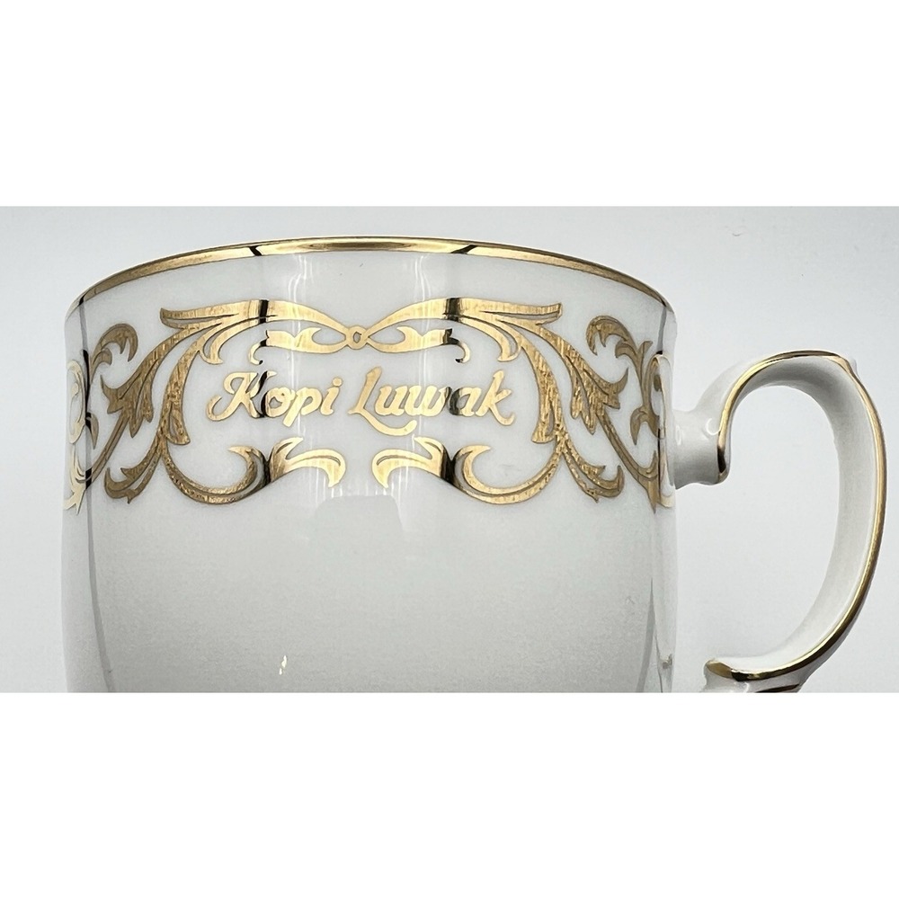 Vintage Hankook Ceramic Kopi Luwak Lidded Coffee Cup Saucer Set Gold Trim Rare - Picture 8 of 16